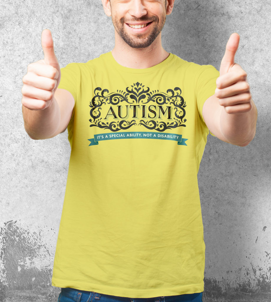 man wearing autism design on lemon t-shirt